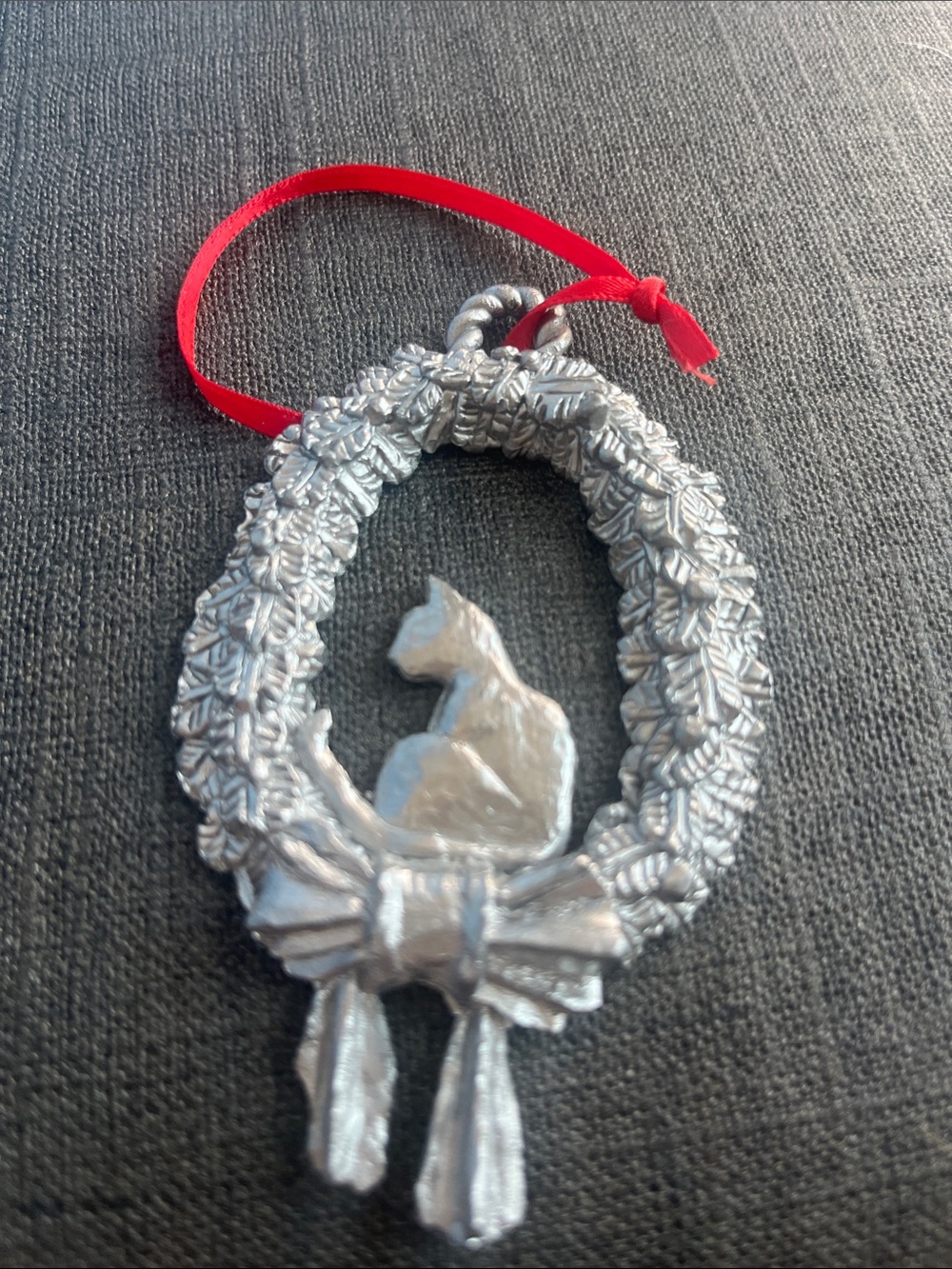 Pewter Cat Wreath Holiday Ornament with Red Ribbon